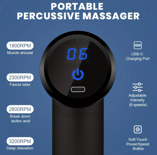 Portable Fascial Massage Gun Electric Percussion Pistol Massager Body Relaxation With LED Touch Screen 4Replaceable Massage Head